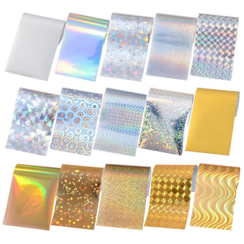 Set 15 folii transger holographic silver/gold 4 x 10cm. 10cm. poza noua reduceri 2022